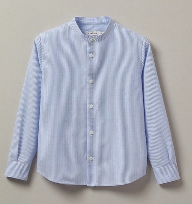 BOYS MANDARIAN COLLAR BLUE STRIPE SHIRT WITH NATURAL FIBERS (30% LINEN 70% COTTON).